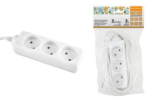 Удлинитель НАРОДНЫЙ 3 гнезда, 3 метра, без заземления, 6А, 1380 Вт, белый, ШВВП 2х0,75 (1/54) (SQ1303-1201) Удлинитель НАРОДНЫЙ 3 гнезда, 3 метра, без заземления, 6А, 1380 Вт, белый, ШВВП 2х0,75 (1/54) (SQ1303-1201)