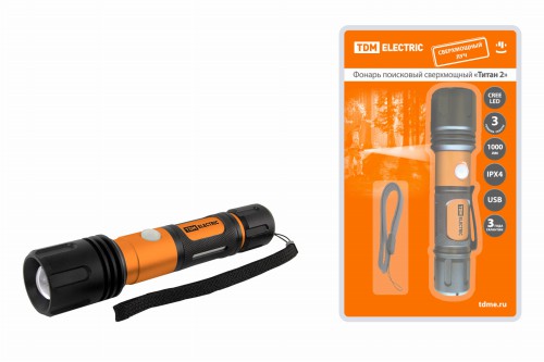 Фонарь TDM «Титан 2» 10 Вт 1 светодиод CREE 1000 лм, 1х18650 3.7 В 2200 мА*ч , IPX4, USB, (1/24) (SQ0350-0061) Фонарь TDM «Титан 2» 10 Вт 1 светодиод CREE 1000 лм, 1х18650 3.7 В 2200 мА*ч , IPX4, USB, (1/24) (SQ0350-0061)