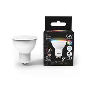Лампа светодиодная GAUSS MR16 6W GU10 RGBW+димирование 1/100 (101106406) Лампа светодиодная GAUSS MR16 6W GU10 RGBW+димирование 1/100 (101106406)