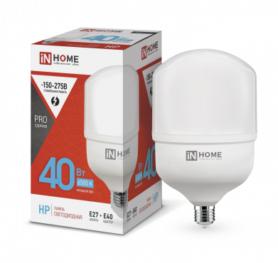 Лампа светодиодная IN HOME HP-PRO 40Вт 230В Е27 с адаптером E40 6500К 3800Лм (1/50) (4690612031101) Лампа светодиодная IN HOME HP-PRO 40Вт 230В Е27 с адаптером E40 6500К 3800Лм (1/50) (4690612031101)