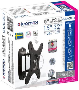 Кронштейн для телевизора Kromax GALACTIC-1 new черный 15"-32" макс.20кг настенный поворот и наклон (24035) фото 4 Кронштейн для телевизора Kromax GALACTIC-1 new черный 15"-32" макс.20кг настенный поворот и наклон (24035) фото 4