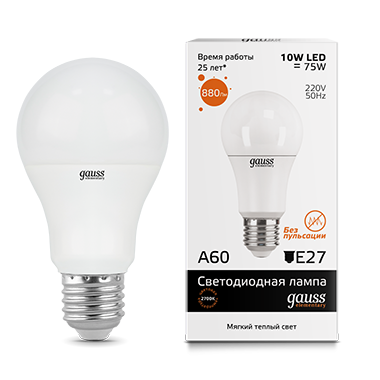 Лампа светодиодная GAUSS Elementary A60 10W 880lm 3000K Е27 1/10/50 (23210) Лампа светодиодная GAUSS Elementary A60 10W 880lm 3000K Е27 1/10/50 (23210)