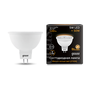 Лампа светодиодная GAUSS MR16 12V 5W 500lm 3000K GU5.3 1/10/100 (201505105) Лампа светодиодная GAUSS MR16 12V 5W 500lm 3000K GU5.3 1/10/100 (201505105)