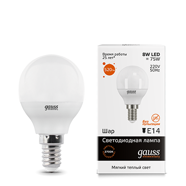 Лампа светодиодная GAUSS Elementary Шар 8W 520lm 3000K Е14 1/10/100 (53118) Лампа светодиодная GAUSS Elementary Шар 8W 520lm 3000K Е14 1/10/100 (53118)