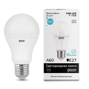 Лампа светодиодная GAUSS Elementary A60 10W 920lm 4100K Е27 1/10/50 (23220) Лампа светодиодная GAUSS Elementary A60 10W 920lm 4100K Е27 1/10/50 (23220)