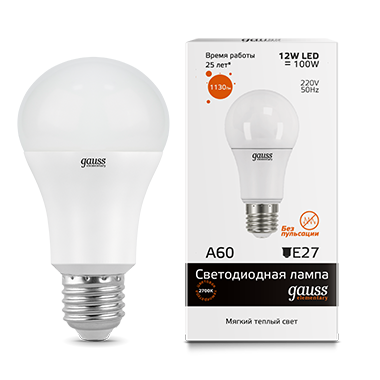 Лампа светодиодная GAUSS Elementary A60 12W 1130lm 3000K E27 1/10/50 (23212) Лампа светодиодная GAUSS Elementary A60 12W 1130lm 3000K E27 1/10/50 (23212)