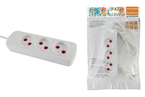 Удлинитель НАРОДНЫЙ 3 гнезда, 1,5 метра, без заземления, 6А, 1380 Вт, белый, ШВВП 2х0,75 (1/62) (SQ1303-1200) Удлинитель НАРОДНЫЙ 3 гнезда, 1,5 метра, без заземления, 6А, 1380 Вт, белый, ШВВП 2х0,75 (1/62) (SQ1303-1200)