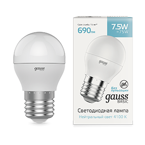 Лампа светодиодная GAUSS Basic Шар 7,5W 690lm 4100K E27 1/10/100 (1053228) Лампа светодиодная GAUSS Basic Шар 7,5W 690lm 4100K E27 1/10/100 (1053228)