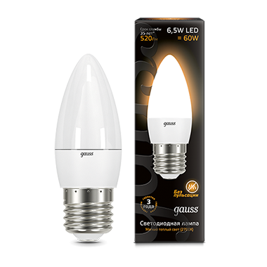 Лампа светодиодная GAUSS Свеча 6.5W 520lm 3000К E27 1/10/100 (103102107) Лампа светодиодная GAUSS Свеча 6.5W 520lm 3000К E27 1/10/100 (103102107)