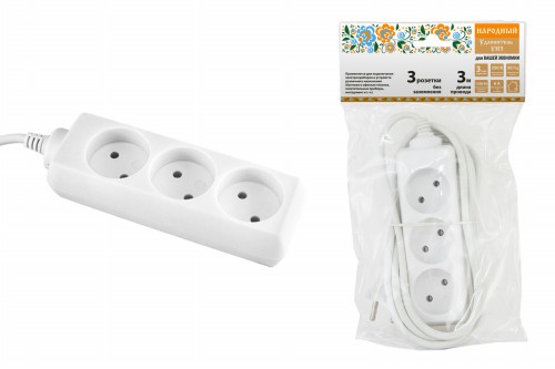 Удлинитель НАРОДНЫЙ 3 гнезда, 3 метра, без заземления, 6А, 1380 Вт, белый, ШВВП 2х0,75 (1/54) (SQ1303-1201) фото 2 Удлинитель НАРОДНЫЙ 3 гнезда, 3 метра, без заземления, 6А, 1380 Вт, белый, ШВВП 2х0,75 (1/54) (SQ1303-1201) фото 2