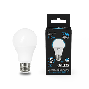 Лампа светодиодная GAUSS A60 7W 710lm 6500K E27 1/10/50 (102502307) Лампа светодиодная GAUSS A60 7W 710lm 6500K E27 1/10/50 (102502307)