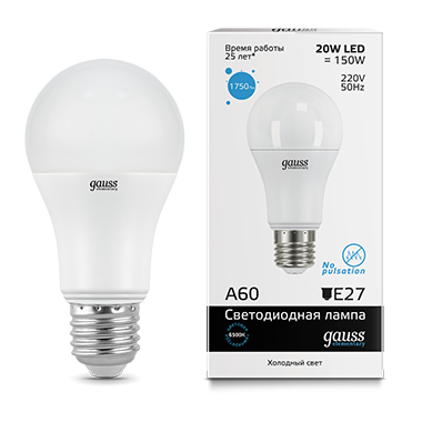 Лампа светодиодная GAUSS Elementary A60 20W 1750lm 6500K E27 1/10/50 (23239) Лампа светодиодная GAUSS Elementary A60 20W 1750lm 6500K E27 1/10/50 (23239)