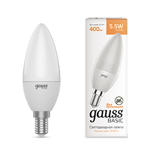 Лампа светодиодная GAUSS Basic Свеча 5,5W 400lm 3000K E14 1/10/100 (1033116) Лампа светодиодная GAUSS Basic Свеча 5,5W 400lm 3000K E14 1/10/100 (1033116)