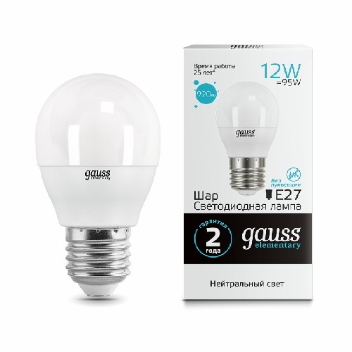 Лампа светодиодная GAUSS Elementary Шар 12W 920lm 4100K Е27 1/10/100 (53222) Лампа светодиодная GAUSS Elementary Шар 12W 920lm 4100K Е27 1/10/100 (53222)