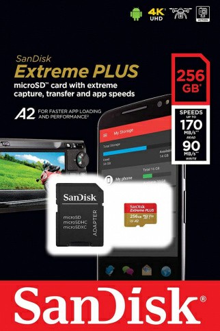 Карта памяти яMicroSDXC 256GB SanDisk Class 10 Extreme Plus A2 V30 UHS-I U3 (170 Mb/s) +SD адаптер (SDSQXBZ-256G-GN6MA) Карта памяти яMicroSDXC 256GB SanDisk Class 10 Extreme Plus A2 V30 UHS-I U3 (170 Mb/s) +SD адаптер (SDSQXBZ-256G-GN6MA)