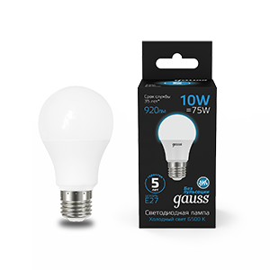 Лампа светодиодная GAUSS A60 10W 920lm 6500K E27 1/10/50 (102502310) Лампа светодиодная GAUSS A60 10W 920lm 6500K E27 1/10/50 (102502310)