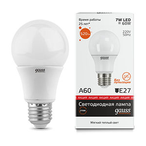 Лампа светодиодная GAUSS Elementary A60 7W 520lm 3000K E27 1/10/50 (23217A) Лампа светодиодная GAUSS Elementary A60 7W 520lm 3000K E27 1/10/50 (23217A)