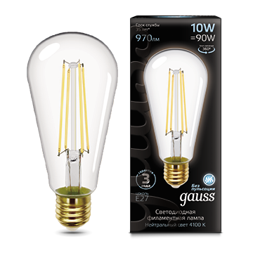 Лампа светодиодная GAUSS Filament ST64 10W 970lm 4100К Е27 1/10/40 (157802210) Лампа светодиодная GAUSS Filament ST64 10W 970lm 4100К Е27 1/10/40 (157802210)