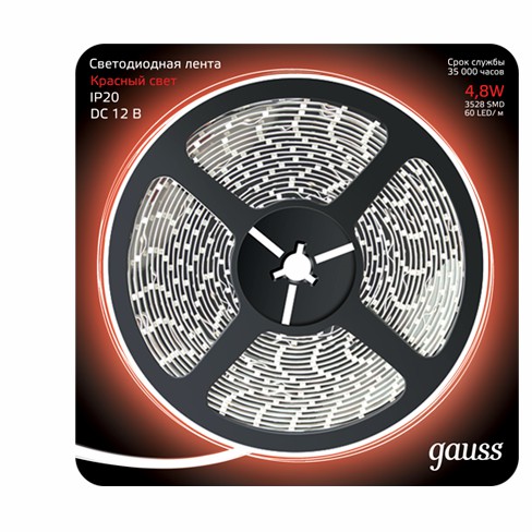 Лента светодиодная GAUSS 2835/60-SMD 4.8W 12V DC красный (блистер 5м) (312000705) Лента светодиодная GAUSS 2835/60-SMD 4.8W 12V DC красный (блистер 5м) (312000705)