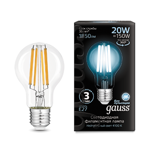 Лампа светодиодная GAUSS Filament А60 20W 1850lm 4100К Е27 1/10/40 (102902220) Лампа светодиодная GAUSS Filament А60 20W 1850lm 4100К Е27 1/10/40 (102902220)