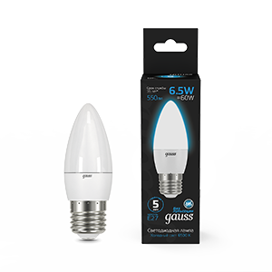 Лампа светодиодная GAUSS Свеча 6.5W 550lm 6500К E27 1/10/100 (103102307) Лампа светодиодная GAUSS Свеча 6.5W 550lm 6500К E27 1/10/100 (103102307)