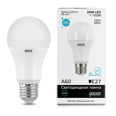 Лампа светодиодная GAUSS Elementary A60 20W 1600lm 4100K E27 1/10/50 (23229) Лампа светодиодная GAUSS Elementary A60 20W 1600lm 4100K E27 1/10/50 (23229)