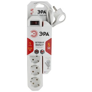 Сетевой фильтр ЭРА USF-5es-5m-W с базовой защитой с заземлением с выключателем 5 розеток 5м 10А белый (1/20) (Б0019738) Сетевой фильтр ЭРА USF-5es-5m-W с базовой защитой с заземлением с выключателем 5 розеток 5м 10А белый (1/20) (Б0019738)