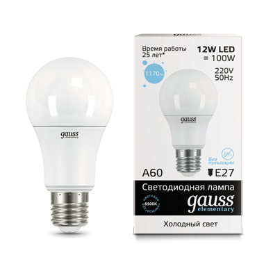 Лампа светодиодная GAUSS Elementary A60 12W 1170lm 6500K E27 1/10/50 (23232) Лампа светодиодная GAUSS Elementary A60 12W 1170lm 6500K E27 1/10/50 (23232)
