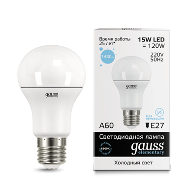 Лампа светодиодная GAUSS Elementary A60 15W 1480lm 6500K E27 1/10/50 (23235) Лампа светодиодная GAUSS Elementary A60 15W 1480lm 6500K E27 1/10/50 (23235)