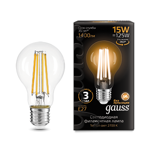 Лампа светодиодная GAUSS Filament А60 15W 1400lm 2700К Е27 1/10/40 (102902115) Лампа светодиодная GAUSS Filament А60 15W 1400lm 2700К Е27 1/10/40 (102902115)