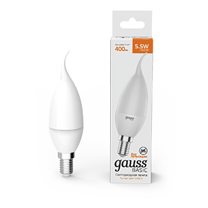 Лампа светодиодная GAUSS Basic Свеча на ветру 5,5W 400lm 3000K E14 1/10/50 (1034116) Лампа светодиодная GAUSS Basic Свеча на ветру 5,5W 400lm 3000K E14 1/10/50 (1034116)