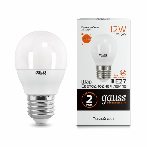 Лампа светодиодная GAUSS Elementary Шар 12W 880lm 3000K Е27 1/10/100 (53212) Лампа светодиодная GAUSS Elementary Шар 12W 880lm 3000K Е27 1/10/100 (53212)