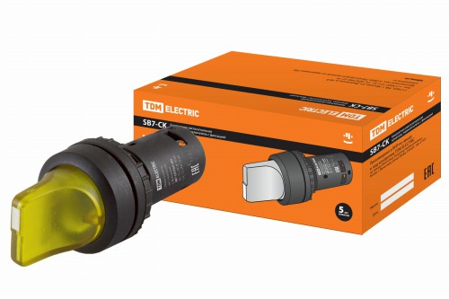 Переключатель на 3 положения с фиксацией SB7-CK3565-24V короткая ручка(LED) d22мм 1з+1р желтый TDM (SQ0746-0070) фото 2 Переключатель на 3 положения с фиксацией SB7-CK3565-24V короткая ручка(LED) d22мм 1з+1р желтый TDM (SQ0746-0070) фото 2
