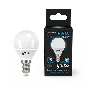 Лампа светодиодная GAUSS Шар 6.5W 550lm 6500K E14 1/10/100 (105101307) Лампа светодиодная GAUSS Шар 6.5W 550lm 6500K E14 1/10/100 (105101307)