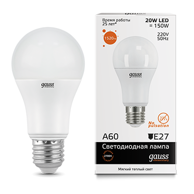 Лампа светодиодная GAUSS Elementary A60 20W 1520lm 3000K E27 1/10/50 (23219) Лампа светодиодная GAUSS Elementary A60 20W 1520lm 3000K E27 1/10/50 (23219)