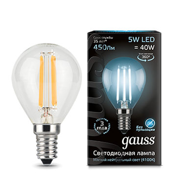 Лампа светодиодная GAUSS Filament Шар 5W 450lm 4100К Е14 1/10/50 (105801205) Лампа светодиодная GAUSS Filament Шар 5W 450lm 4100К Е14 1/10/50 (105801205)