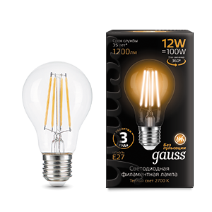 Лампа светодиодная GAUSS Filament А60 12W 1200lm 2700К Е27 1/10/40 (102902112) Лампа светодиодная GAUSS Filament А60 12W 1200lm 2700К Е27 1/10/40 (102902112)