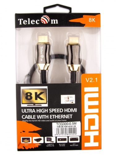 Кабель HDMI 19M/M,ver. 2.1, 8K@60 Hz 0.5m метал разъемы, нейлоновая оплетка TELECOM <TCG300-0.5M> (1/50) фото 5 Кабель HDMI 19M/M,ver. 2.1, 8K@60 Hz 0.5m метал разъемы, нейлоновая оплетка TELECOM <TCG300-0.5M> (1/50) фото 5