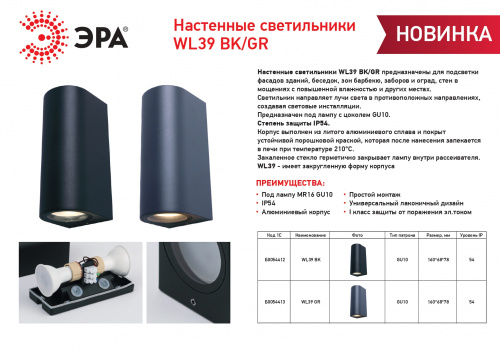 Светильник ЭРА WL39 GR декоративный накладной настенный под лампу 2хGU10 (2 шт), IP54, для интерьера, фасадов зданий, серый (1/20) (Б0054413)
