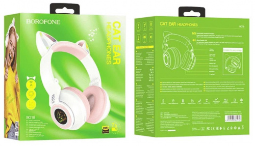 Наушники полноразмерные Borofone BO18 Cat, bluetooth 5.0, AUX, цвет: белый (1/36) (6974443384956)