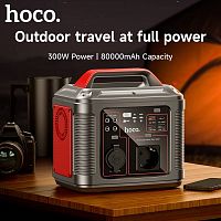 Мобильный аккумулятор Аккумулятор внешний HOCO DB28 Energy Storage, 300W, 80000mAh, 3 USB выхода, Type-C вход, дисплей, прикуриватель, розетка, цвет: серый/красный (1/3) (6931474781987)