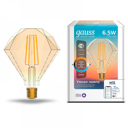 Лампа светодиодная GAUSS Smart Home, филамент, Wi-Fi и голосовое управление, програм-ние режимов, диммер, DIM+CCT E27 Diamond Golden 6,5 Вт 2000-5 (1370112)