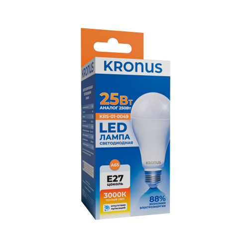 Лампа светодиодная КRONUS A65 груша 25 Вт 220В 3000К Е27 тёплый свет (10/100) (KRS-01-0049) Лампа светодиодная КRONUS A65 груша 25 Вт 220В 3000К Е27 тёплый свет (10/100) (KRS-01-0049)
