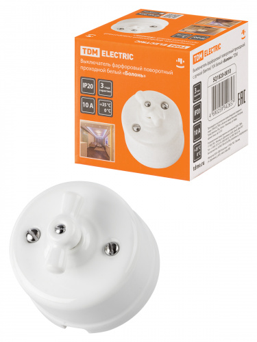 Выключатель фарфоровый поворотный 2-кл. с ручкой (бантик) 10А белый «Болонь» TDM (1/72) (SQ1820-0010) Выключатель фарфоровый поворотный 2-кл. с ручкой (бантик) 10А белый «Болонь» TDM (1/72) (SQ1820-0010)