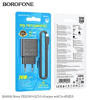 Блок питания сетевой 1 USB, 1 Type-C Borofone BA88A Navy, пластик, PD20Вт, QC3.0, кабель Type-C - 8 pin, цвет: чёрный (1/60/240) (6941991118470)
