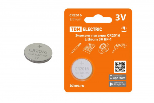 Элемент питания TDM CR2016 Lithium 3V BP-1  (1/40/2400) (SQ1702-0097)