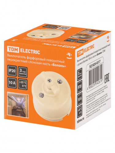 Выключатель фарфоровый поворотный перекрёстный с ручкой (бантик) 10А сл. кость «Болонь» TDM (1/72) (SQ1820-0317) фото 2 Выключатель фарфоровый поворотный перекрёстный с ручкой (бантик) 10А сл. кость «Болонь» TDM (1/72) (SQ1820-0317) фото 2