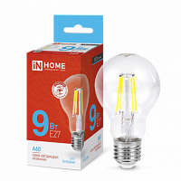 Лампа светодиодная IN HOME филамент A60 9Вт 230В Е27 6500К 1040Лм прозрачная (10/50) (4690612026107)
