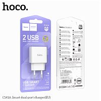 Блок питания сетевой 2 USB HOCO C141A Smart, 2100mA, пластик, цвет: белый (1/36/216) (6942007627856)
