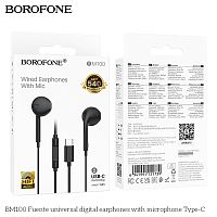 Наушники внутриканальные Borofone BM100 Fuente, пластик, микрофон, кабель Type-C, 1.2м, цвет: черный (1/244) (6941991121739)